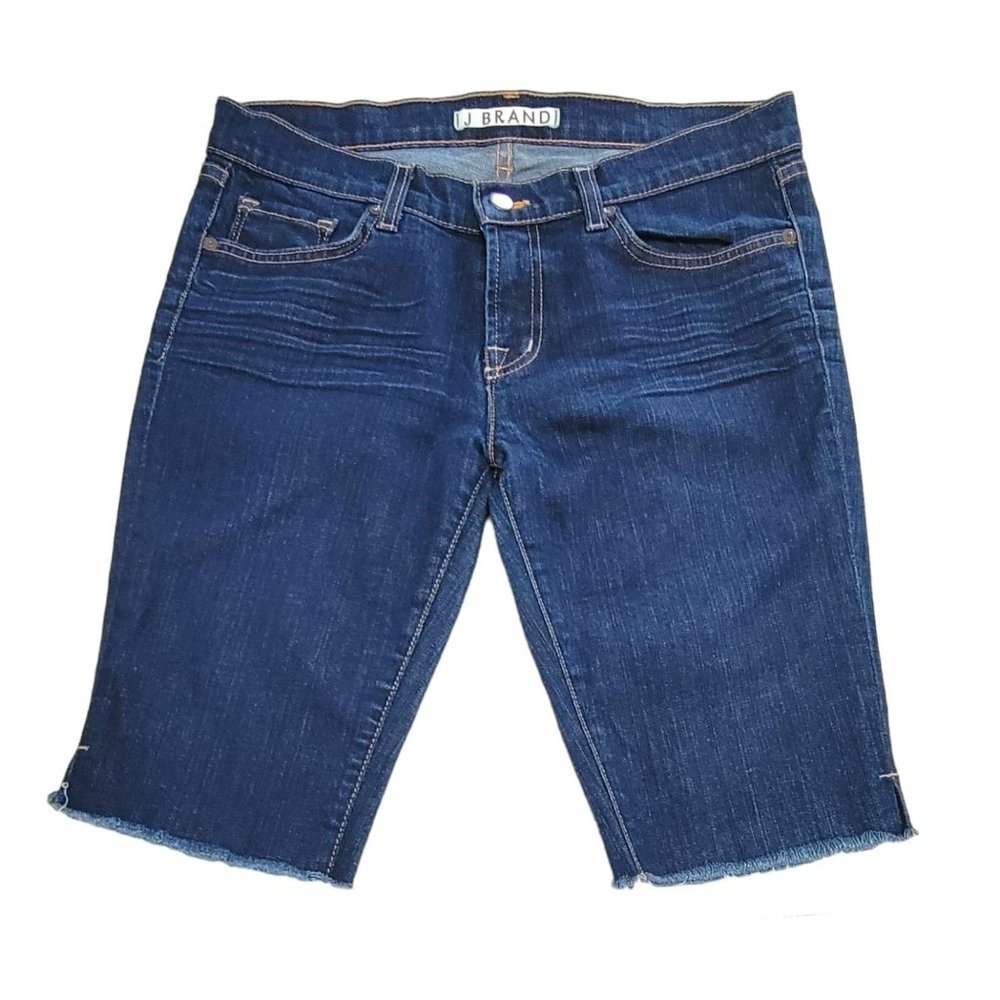 J Brand Women's Blue Denim Bermuda Shorts Frayed Hem 5-Pocket Design Size 29